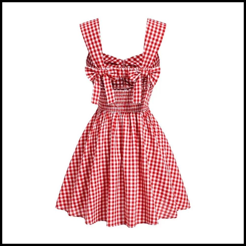 Plaid Ruched Bust Bowknot Pleated Short Dress Casual Sleeveless